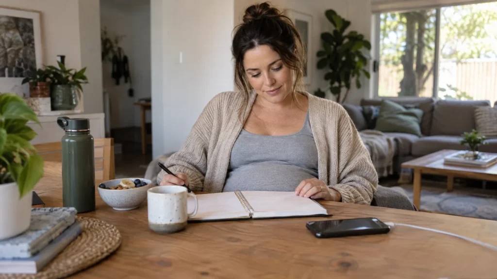 Mother preparing a comfortable space for postpartum recovery