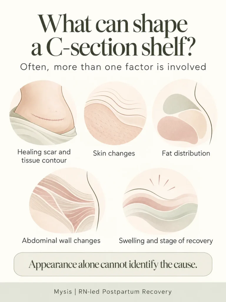 Five factors that may shape a C-section shelf: scar and tissue contour, skin, fat distribution, abdominal wall changes and recovery stage